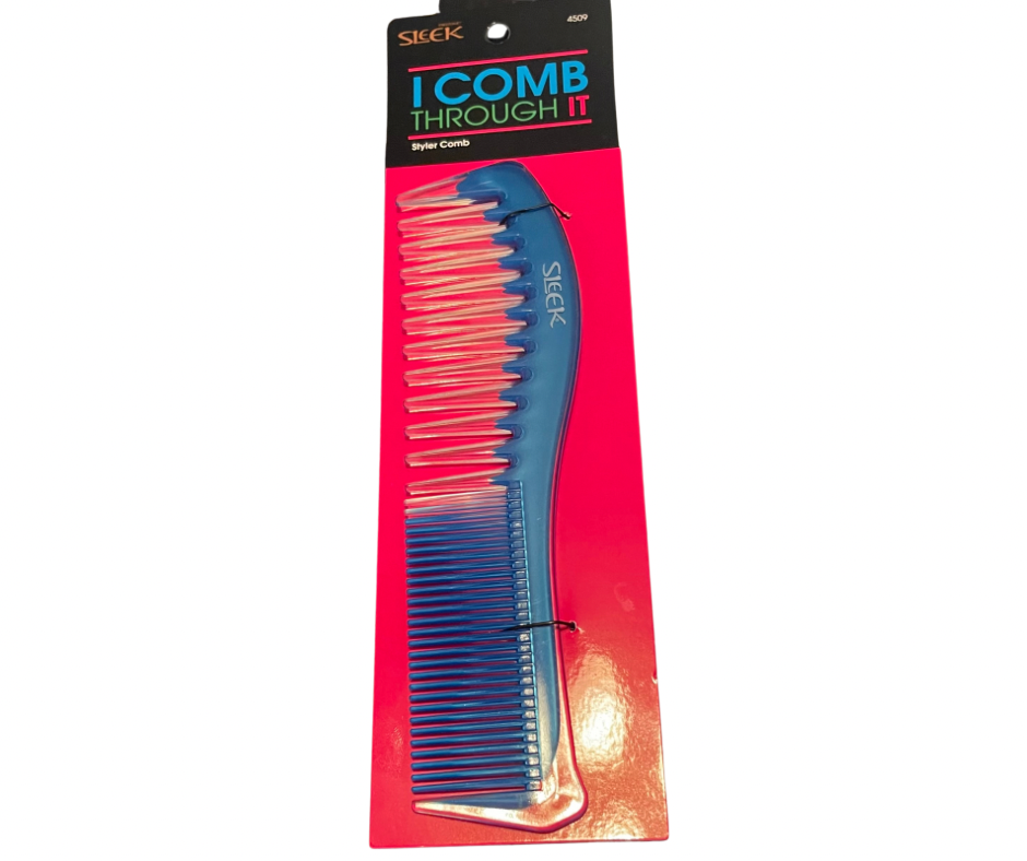 Hair comb, blue dual end wide teeth and fine teeth.