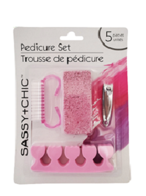 Pedicure Nail Tools Set: nail brush, pumice stone, nail clipper, 2 toe separators.