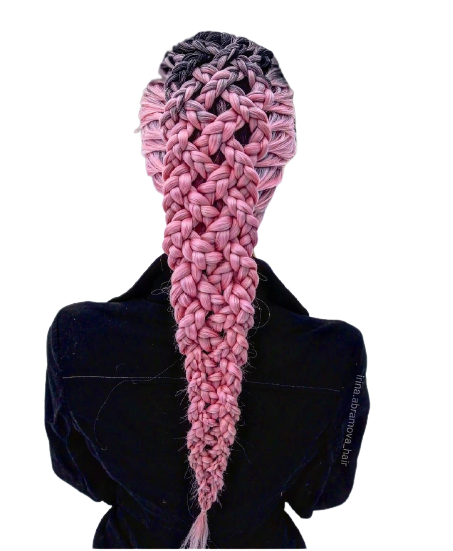 Model braided hairstyle. Pink braids, prestretched braiding hair